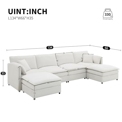 134" Oversized Modular Sectional Sofa with Double Cushions Chenille 6 Seat Sofa Bed with 2 Ottomans R3191
