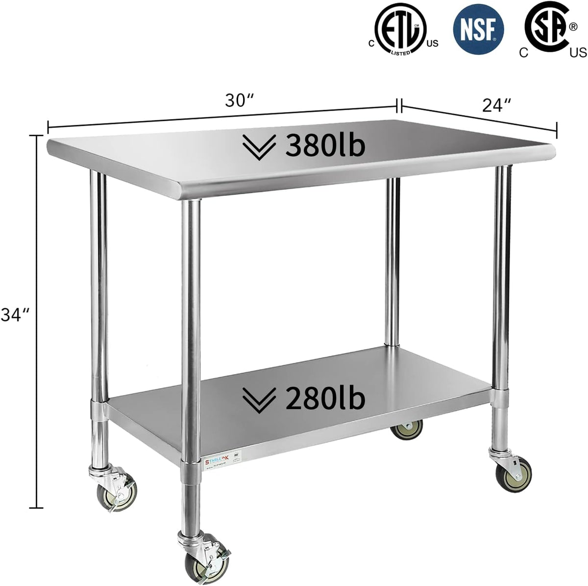 Stainless Steel Table with 4 Caster Wheels and Adjustable Undershelf D86126