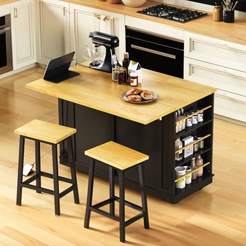 Black Kitchen Island with Power Outlet and Drop Leaf G551
