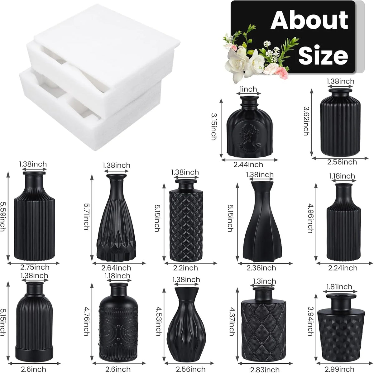 Set of 12 Green Black Glass Bud Vases Q2501
