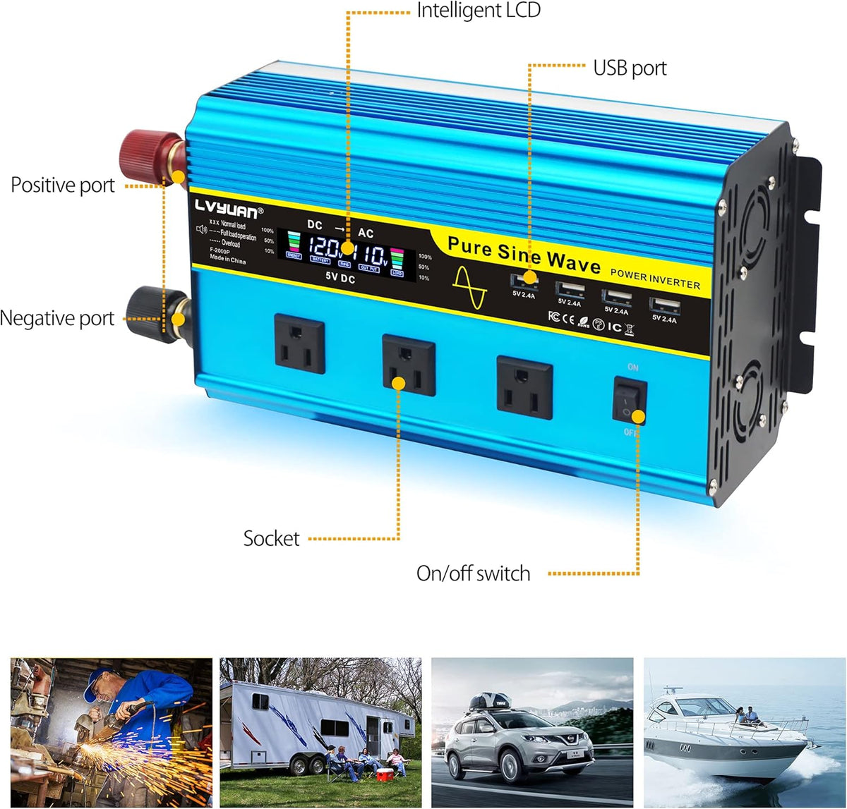 Pure Sine Wave Inverter 1600 Watts 12V to 110V with Remote Controller I87789