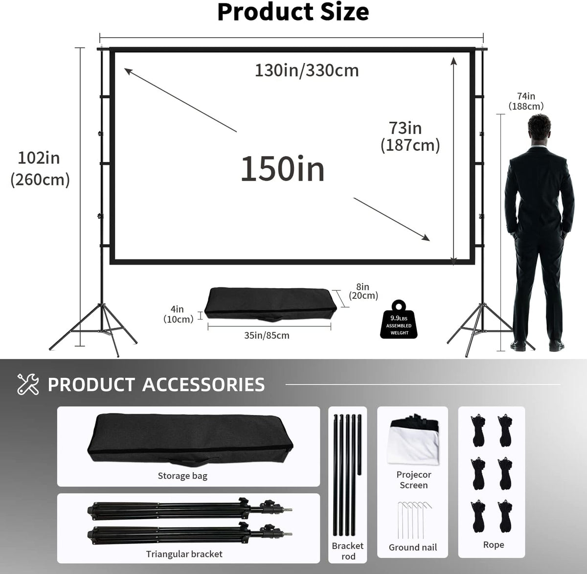 150 inch Portable 16:9 4K HD Projector Screen and Stand with Carry Bag E568