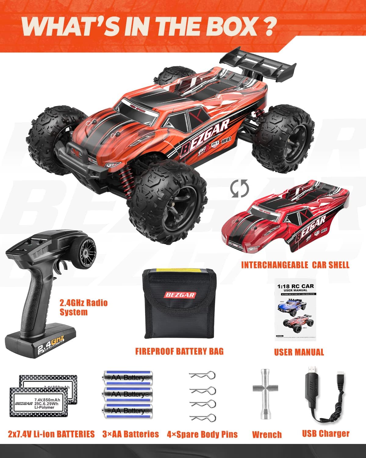 1:18 Scale 4WD Remote Control Monster Truck with 2 Rechargeable Batteries J32600
