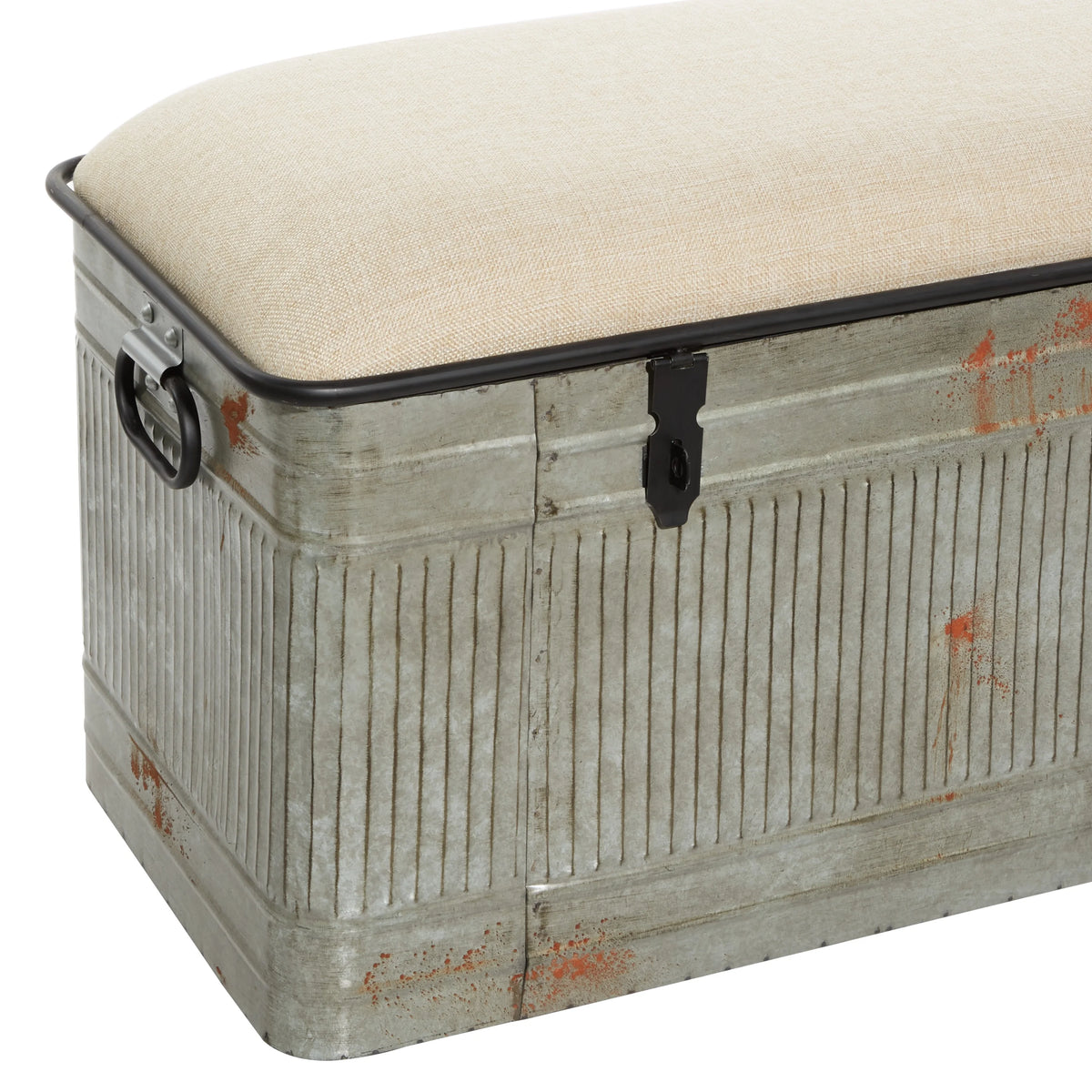 Gray Metal Storage Bench with Cream Burlap Top A4680