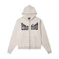 Mixed Emotions Off‑White Studded Gothic Text Zip Hoodie