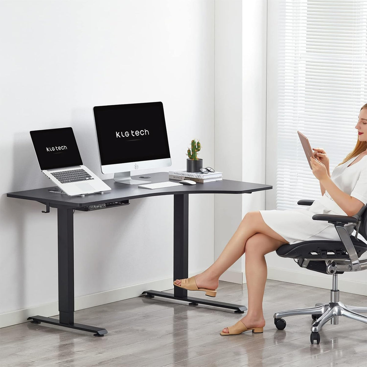 55Inch Electric Height Adjustable L-Shape Corner Desk with Cable Tray J6012