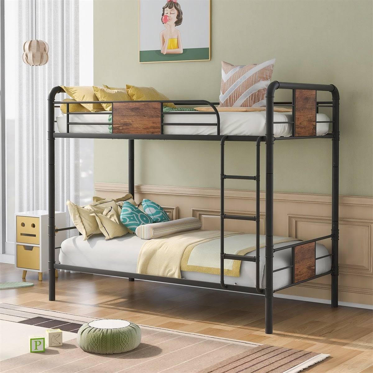 Black Metal and Wood Twin Over Twin Bunk Bed V714197