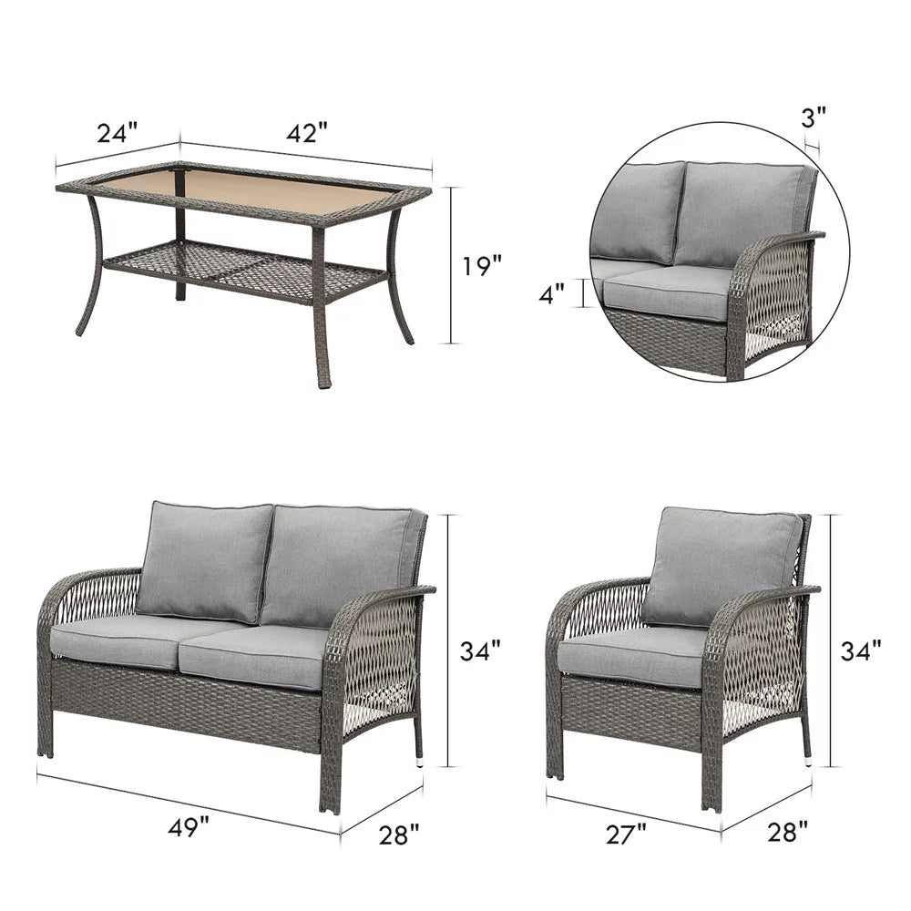 4 Pcs Patio Wicker Conversation Set with Coffee Table and Cushions A38253