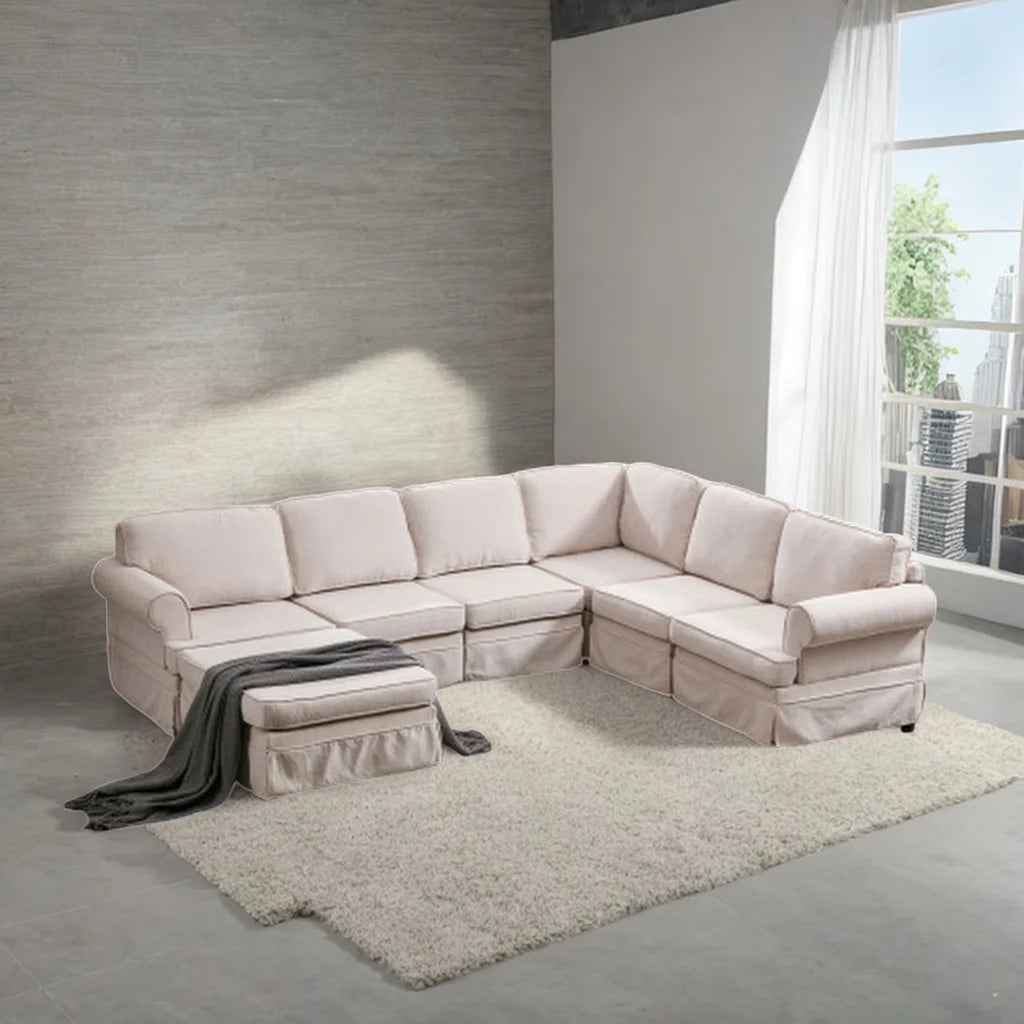 Beige Fabric Upholstered Modular Sectional Sofa with Ottoman D162