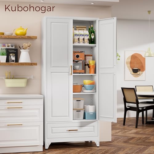 White 4 Adjustable Shelves Metal Pantry Cabinet N8375