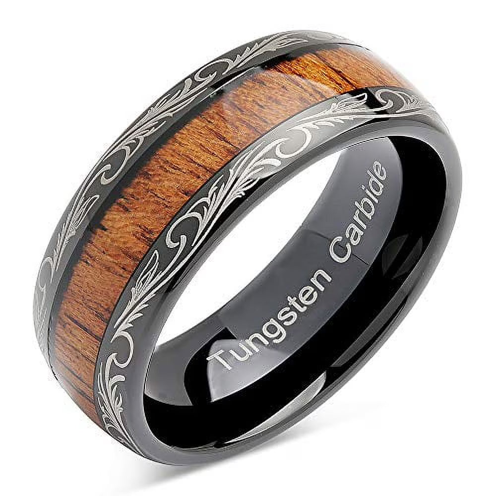 Tungsten Rings with Koa Wood Inlaid Dome Edge Comfort Fit I2217