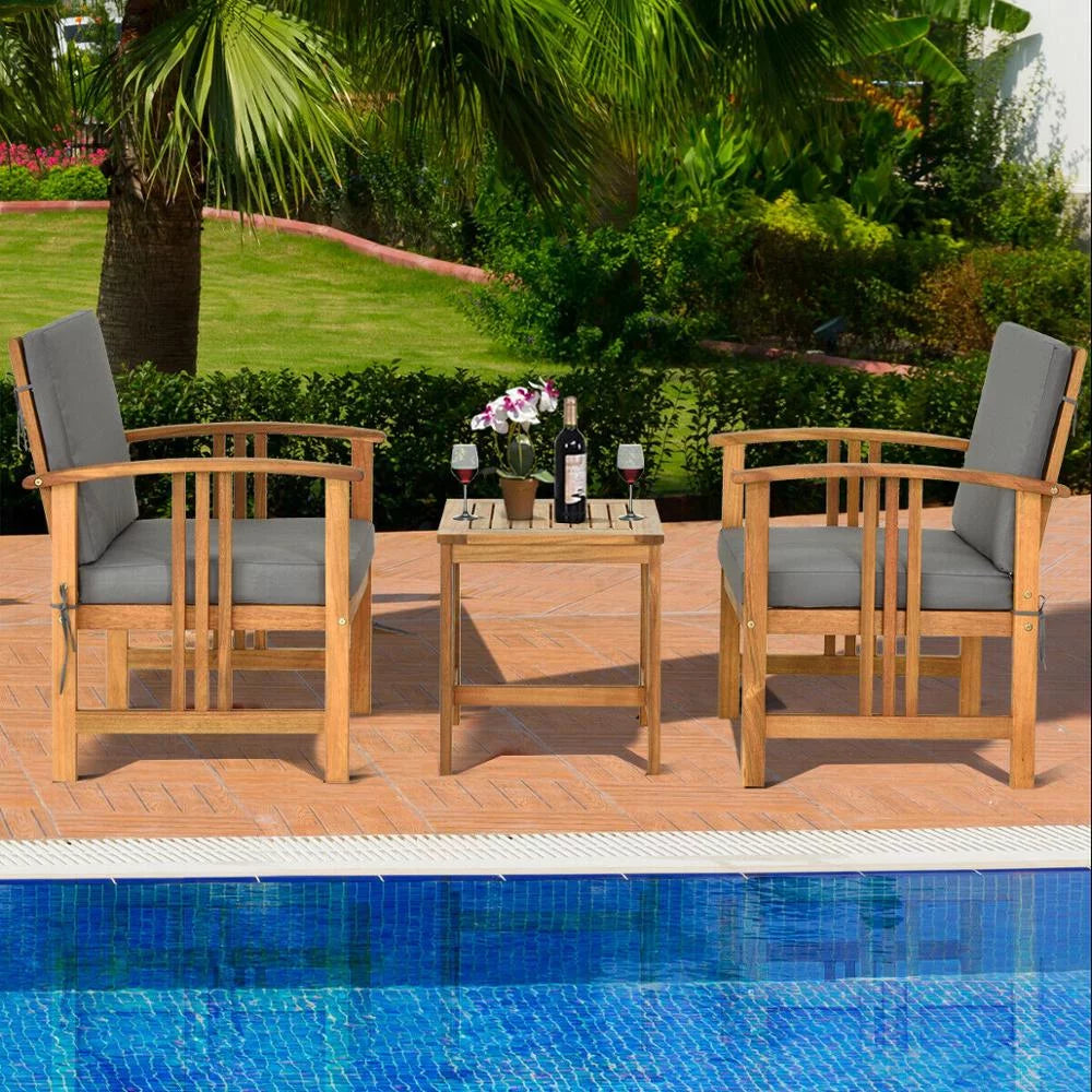 Grey 3PCS Solid Wood Cushioned Outdoor Sofa Set K882782
