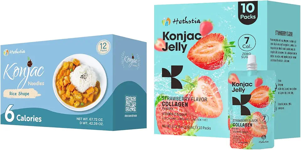 Konjac Jelly Strawberry Flavor with Collagen Peptides 10 Packs and Konjac Rice Gluten Free 12 Packs Low Calorie Sugar Free M92000