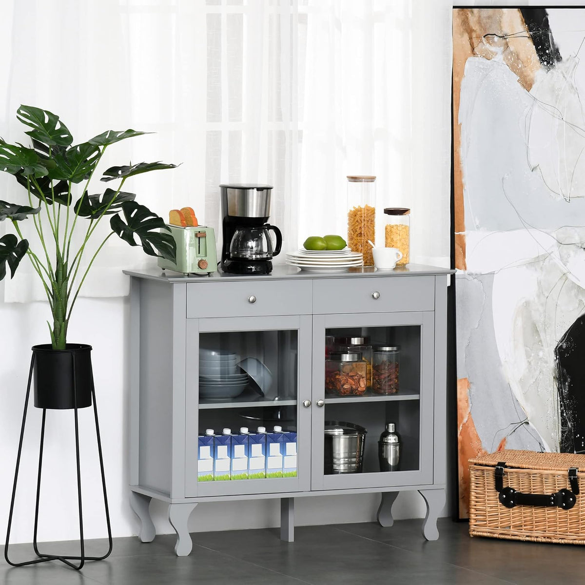 Retro Kitchen Sideboard Storage Cabinet with Glass Doors and Drawers F573