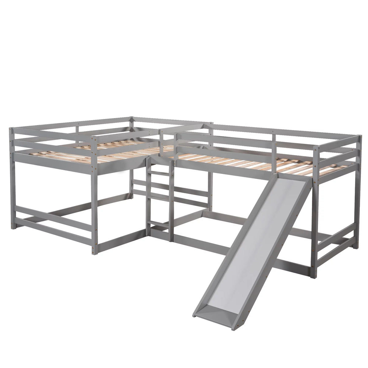 Full and Twin Size L-Shaped Bunk Bed with Slide and Short Ladder L1114