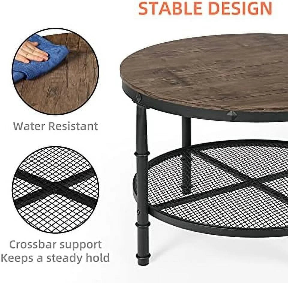 Small Round Coffee Table with Wood Top Metal Legs 2-Tier Grey V351