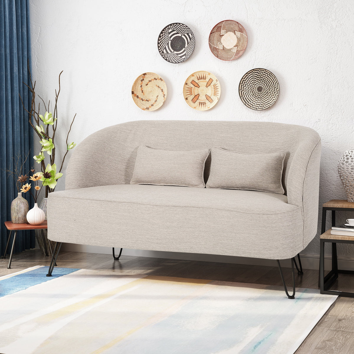 Beige Fabric Upholstered Loveseat with Hairpin Legs B726
