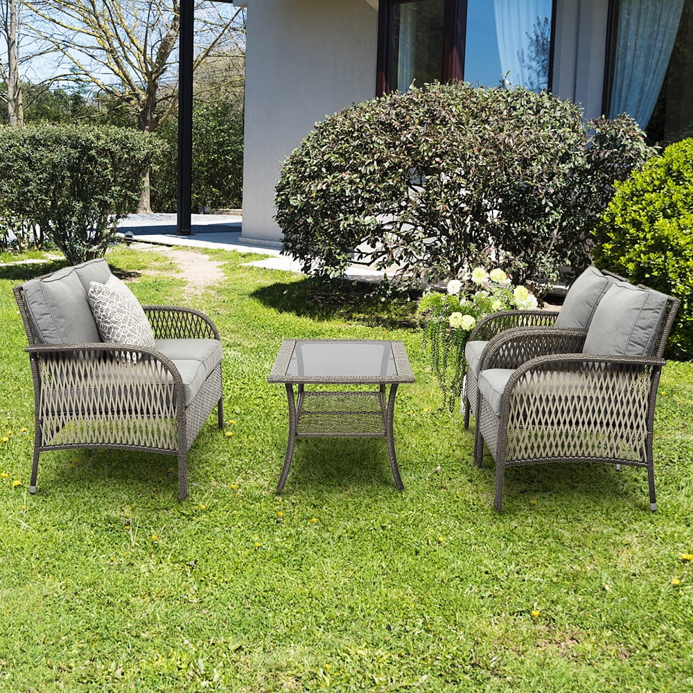 4 Pcs Patio Wicker Conversation Set with Coffee Table and Cushions A38253