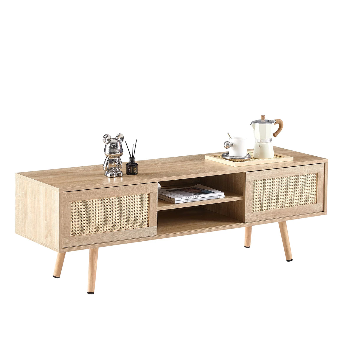 55.12" Rattan TV Cabinet with Sliding Doors and Adjustable Shelf Q833