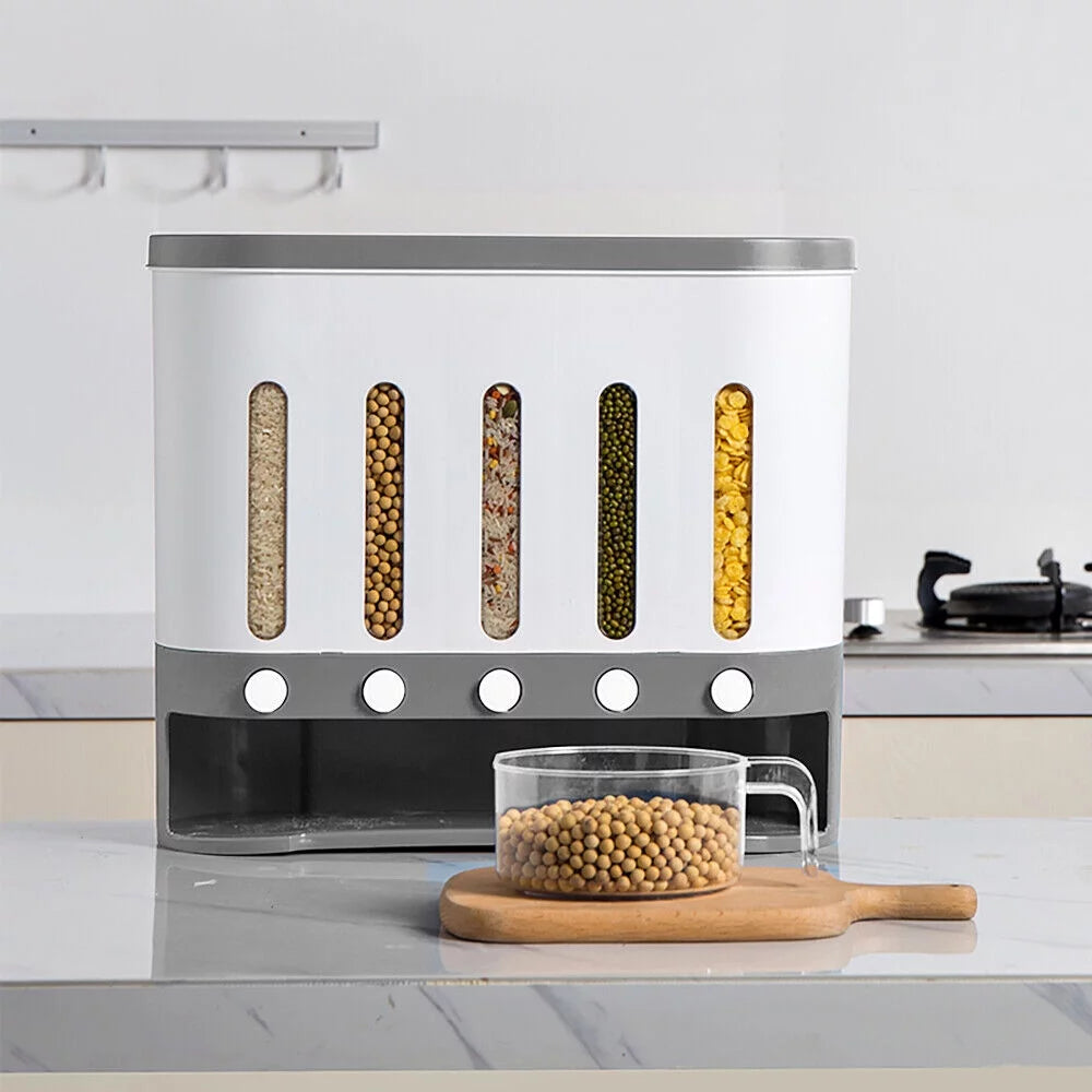 Wall Mounted 5 Grid Dry Food Dispenser with Measuring Cup T3253