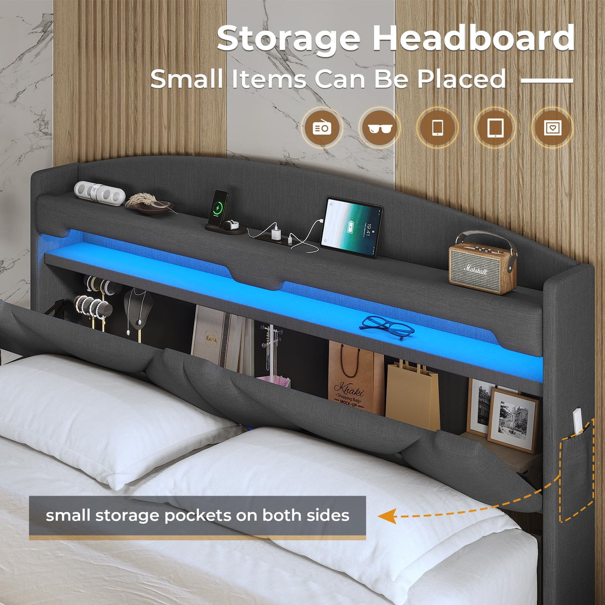 Floating Full Size Upholstered Platform Bed with Storage Headboard Q7292