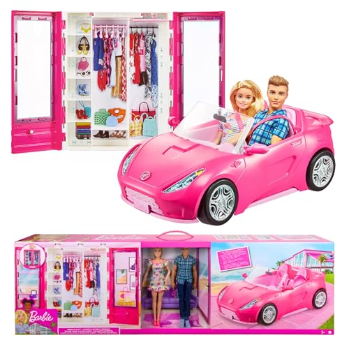 Barbie and Ken Doll with Wardrobe and Pink Two-Seater Convertible Car B882380