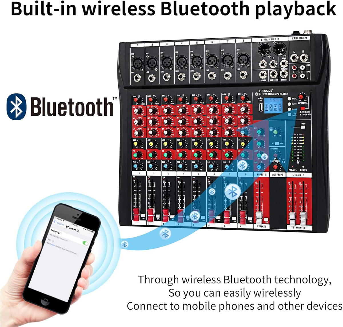 Professional Audio Mixing Console 8 Channels with Bluetooth USB Recording A873669
