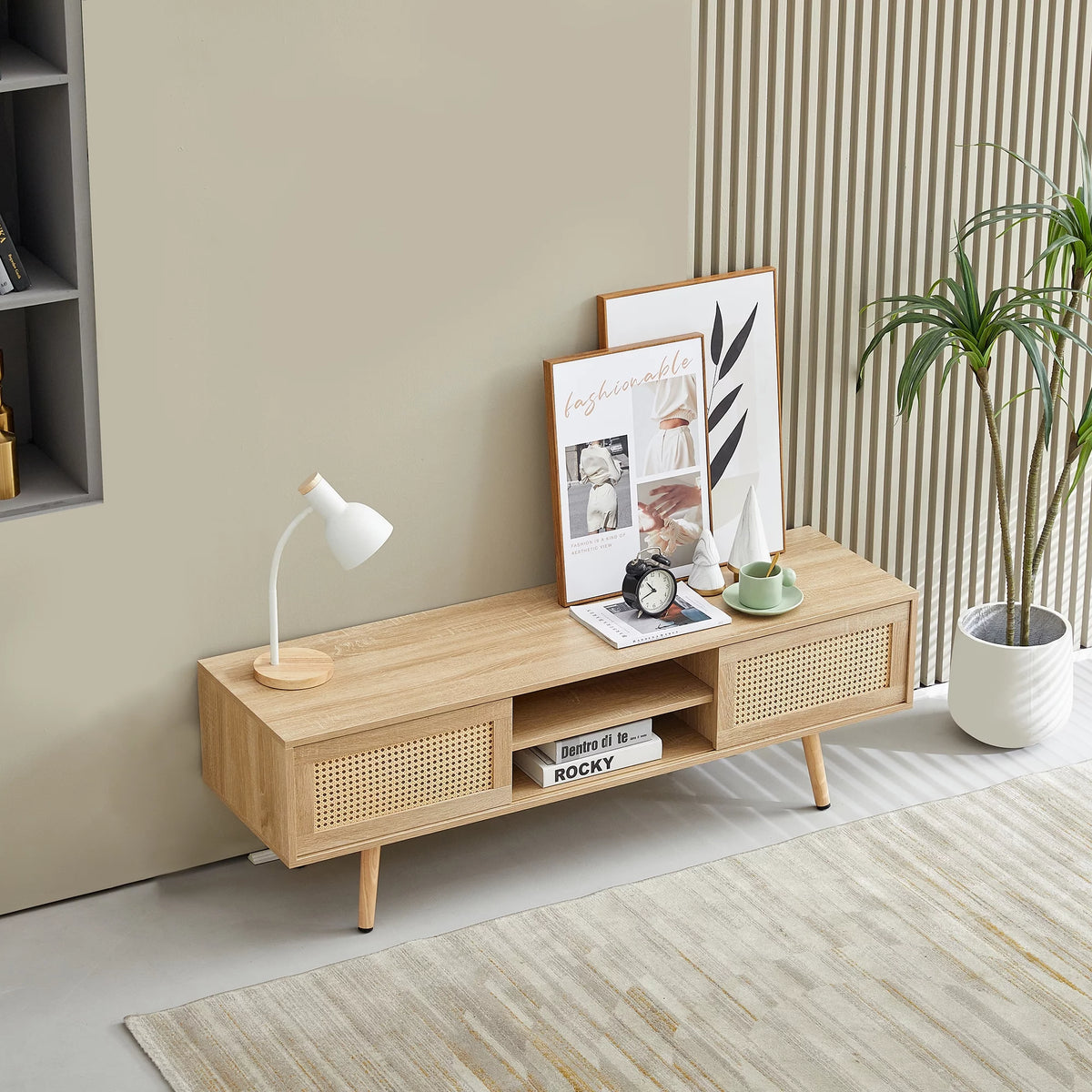 55.12" Rattan TV Cabinet with Sliding Doors and Adjustable Shelf Q833