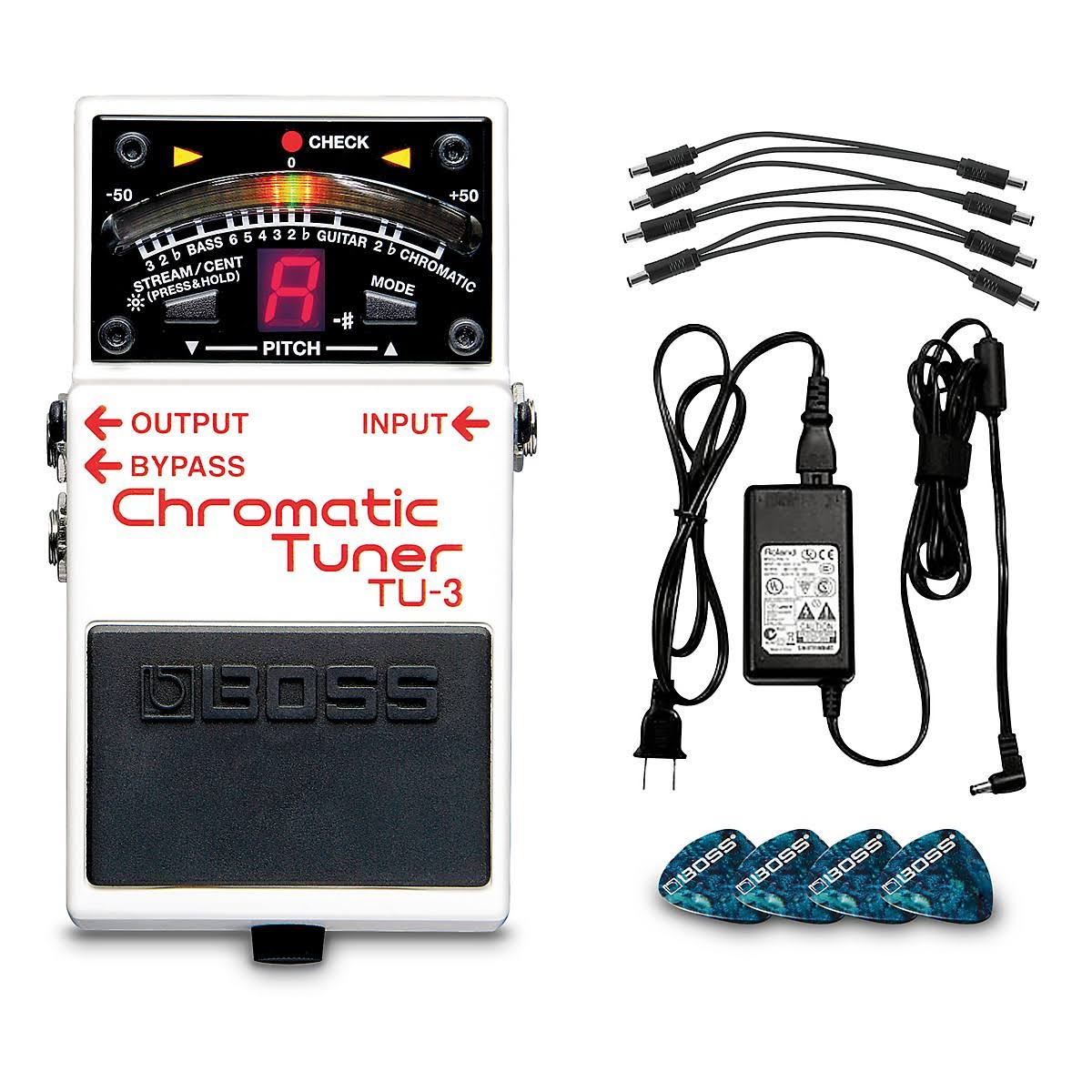 Pedal Power Solution Bundle with Chromatic Tuner, AC Adapter, Daisy Chain and 12 Picks F532