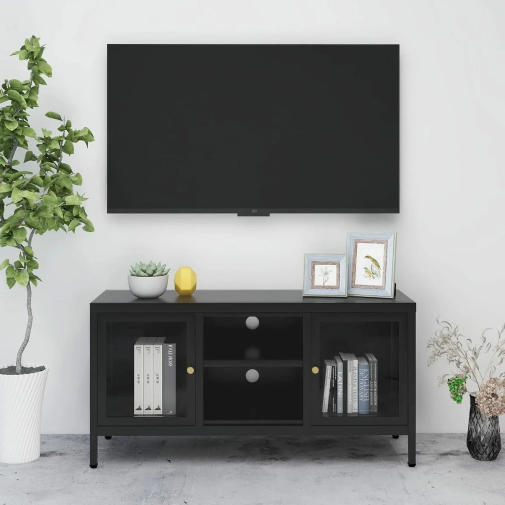 Black TV Stand with 2 Glass Doors and Open Shelves F46596