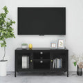 Black TV Stand with 2 Glass Doors and Open Shelves F46596