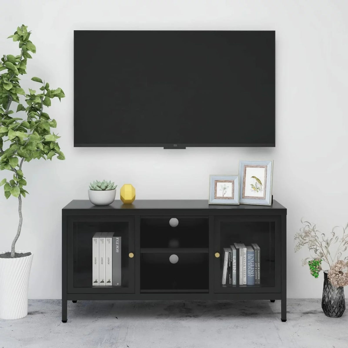 Black TV Stand with 2 Glass Doors and Open Shelves F46596