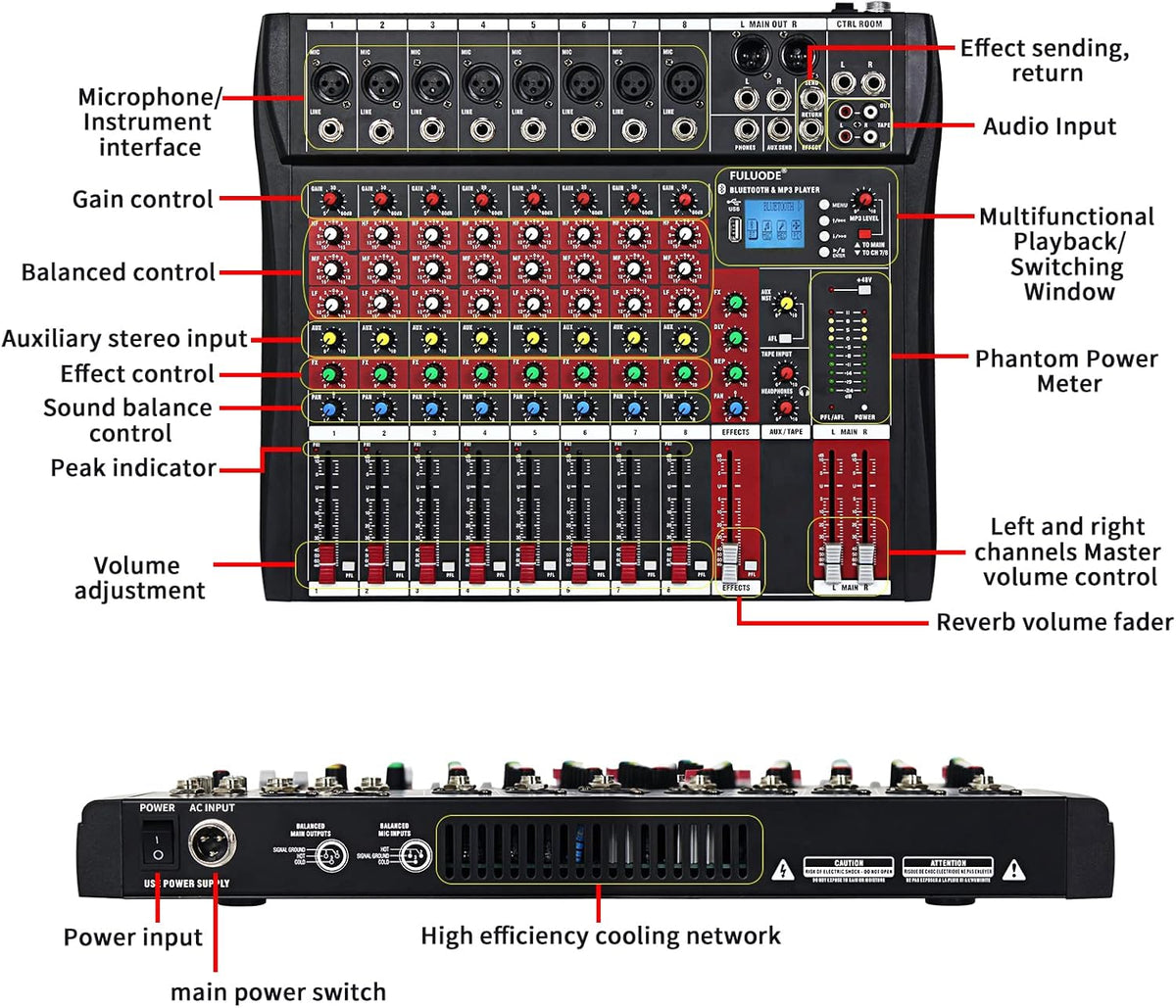 Professional Audio Mixing Console 8 Channels with Bluetooth USB Recording A873669