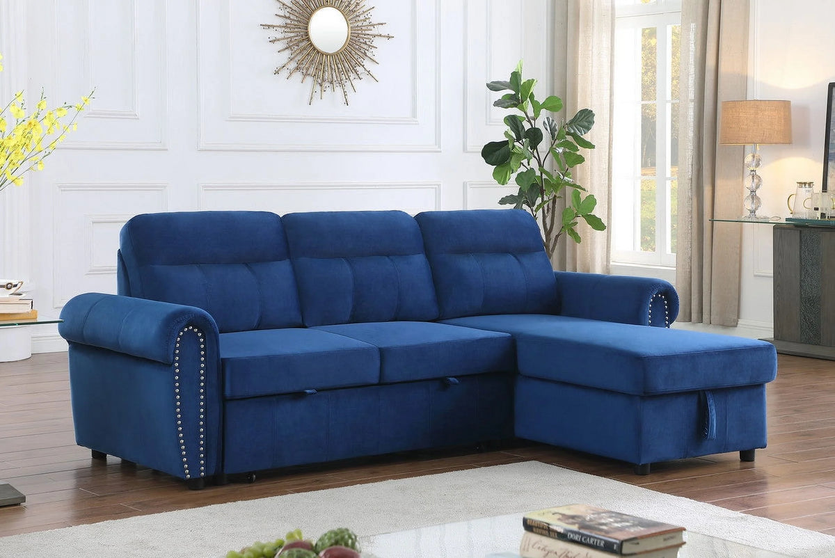 Blue Velvet Reversible Sleeper Sectional Sofa Chaise F999433