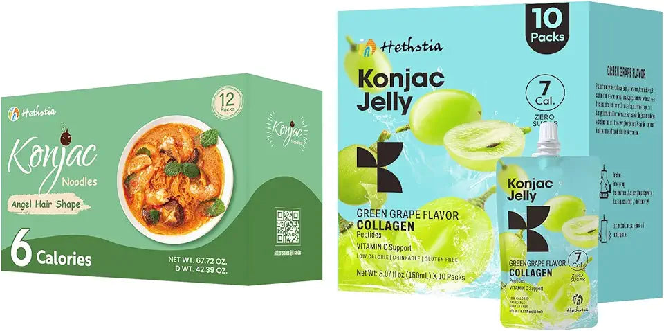 Konjac Jelly Green Grape Flavor with Collagen Peptides 10 Packs and Konjac Angel Hair Gluten Free 12 Packs Low Calorie Sugar Free L14285