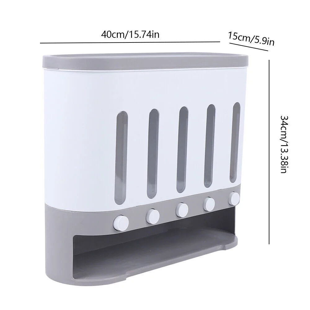 Wall Mounted 5 Grid Dry Food Dispenser with Measuring Cup T3253