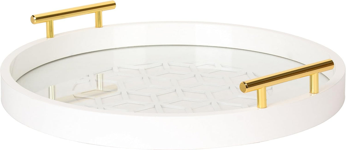 Navy and Gold Round Decorative Tray with Metal Handles L467026