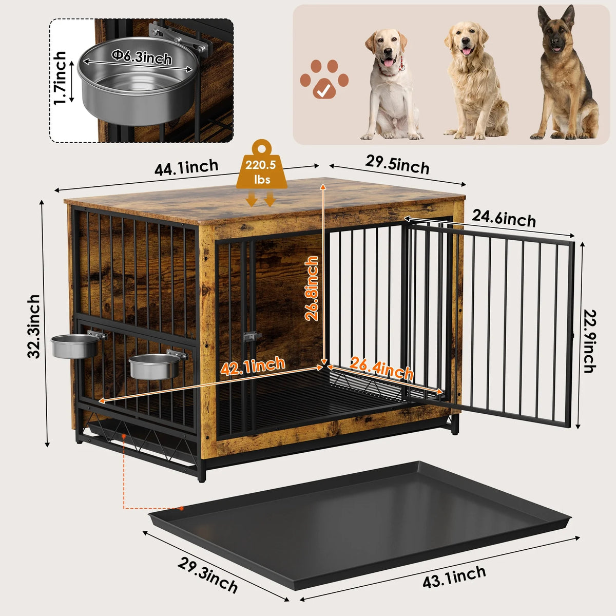 Wooden Dog Crate with 2 Stainless Steel Bowls A6892