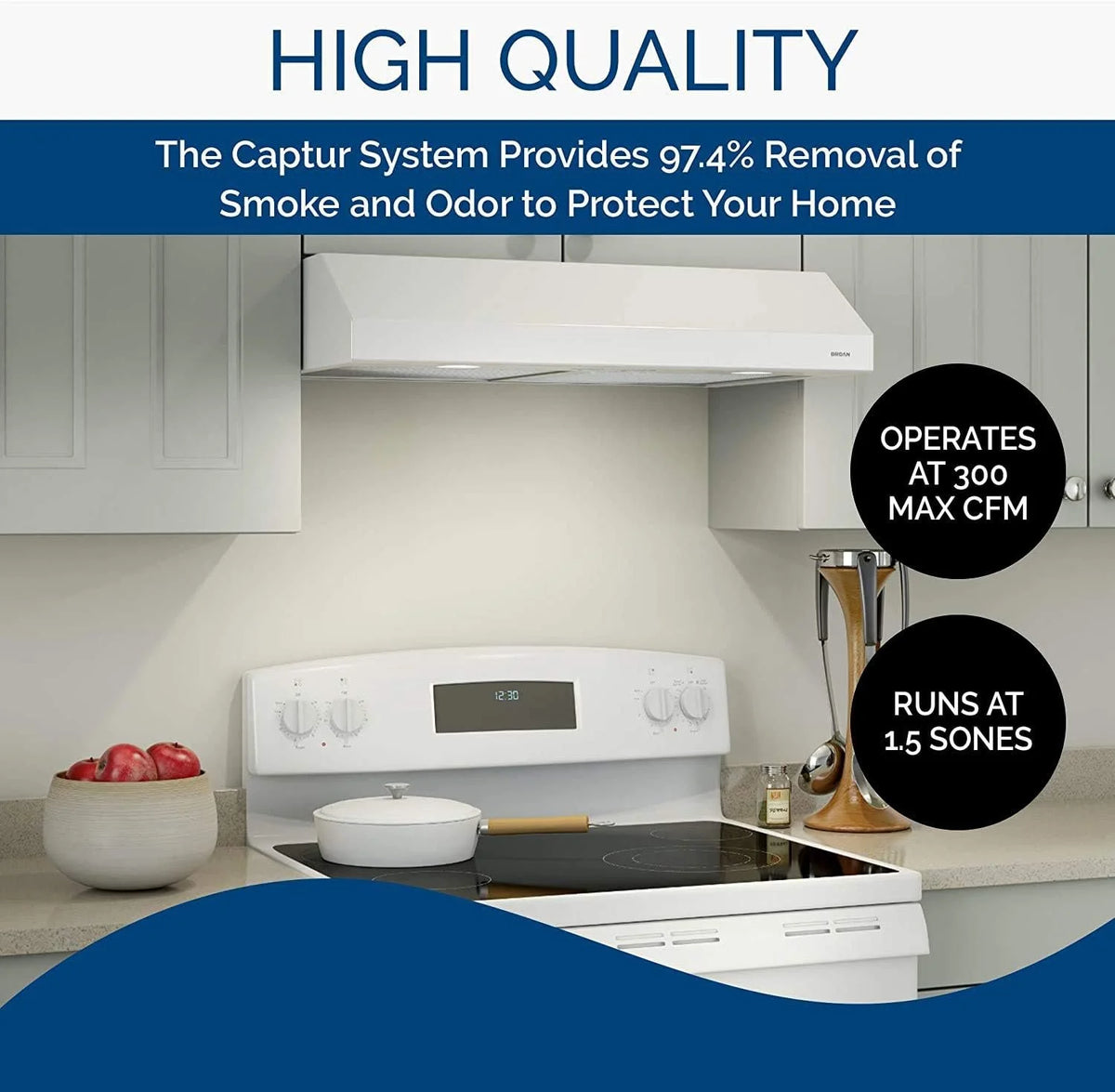 White 30-inch Under-Cabinet 4-Way Convertible Range Hood with 2-Speed Exhaust Fan and Light, 300 Max Blower CFM Q5610