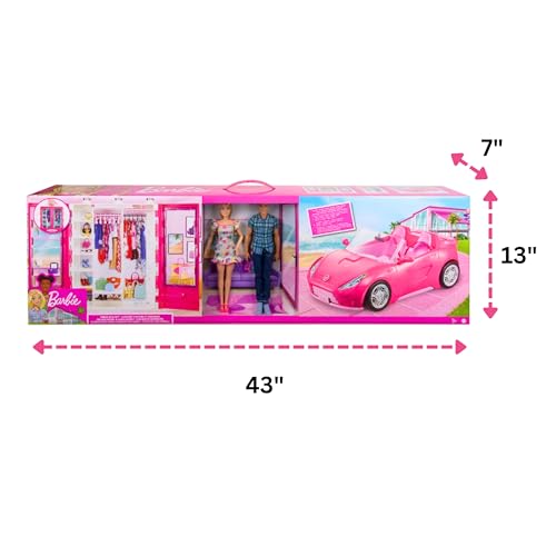 Barbie and Ken Doll with Wardrobe and Pink Two-Seater Convertible Car B882380