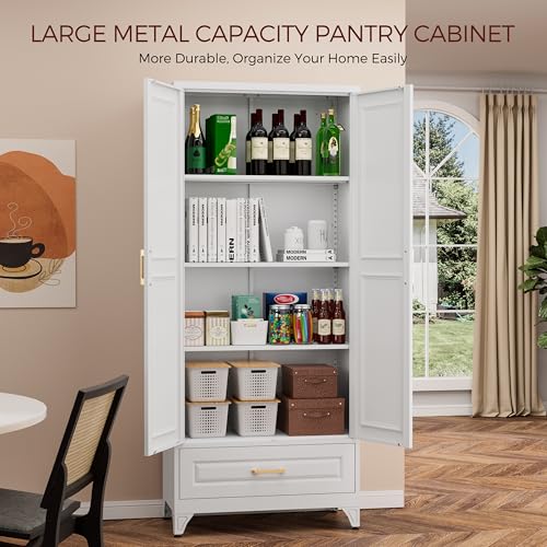 White 4 Adjustable Shelves Metal Pantry Cabinet N8375