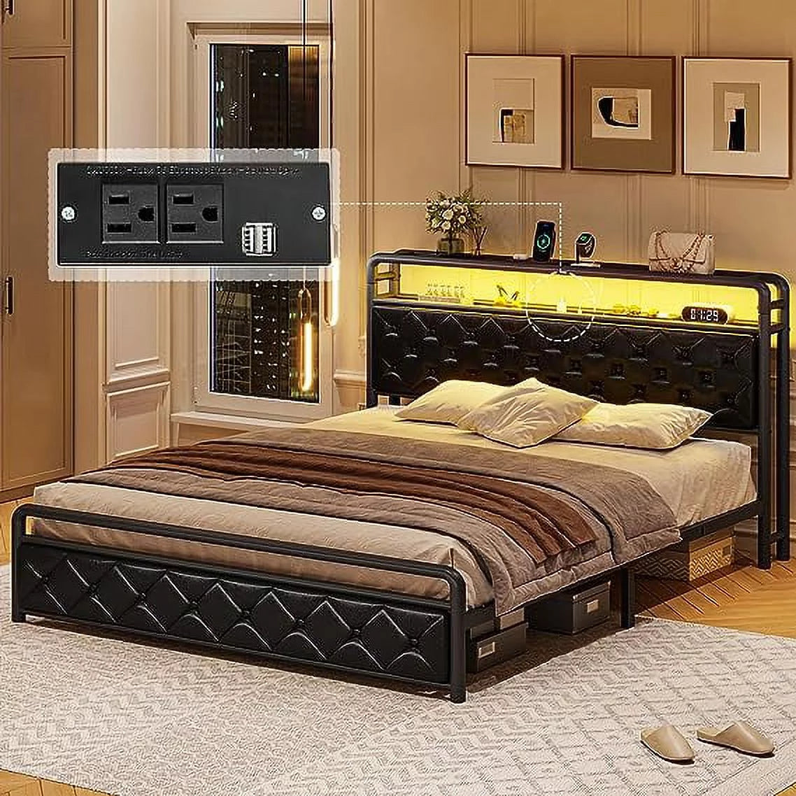 Queen Size Faux Leather Upholstered Platform Bed Frame with Storage Headboard J41973