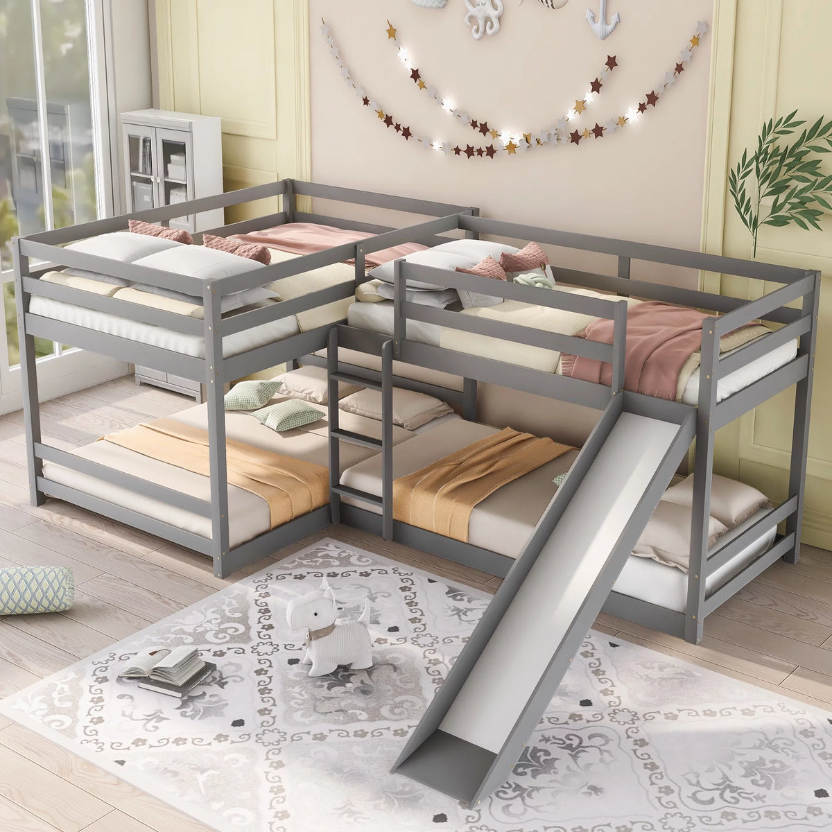 Full and Twin Size L-Shaped Bunk Bed with Slide and Short Ladder L1114