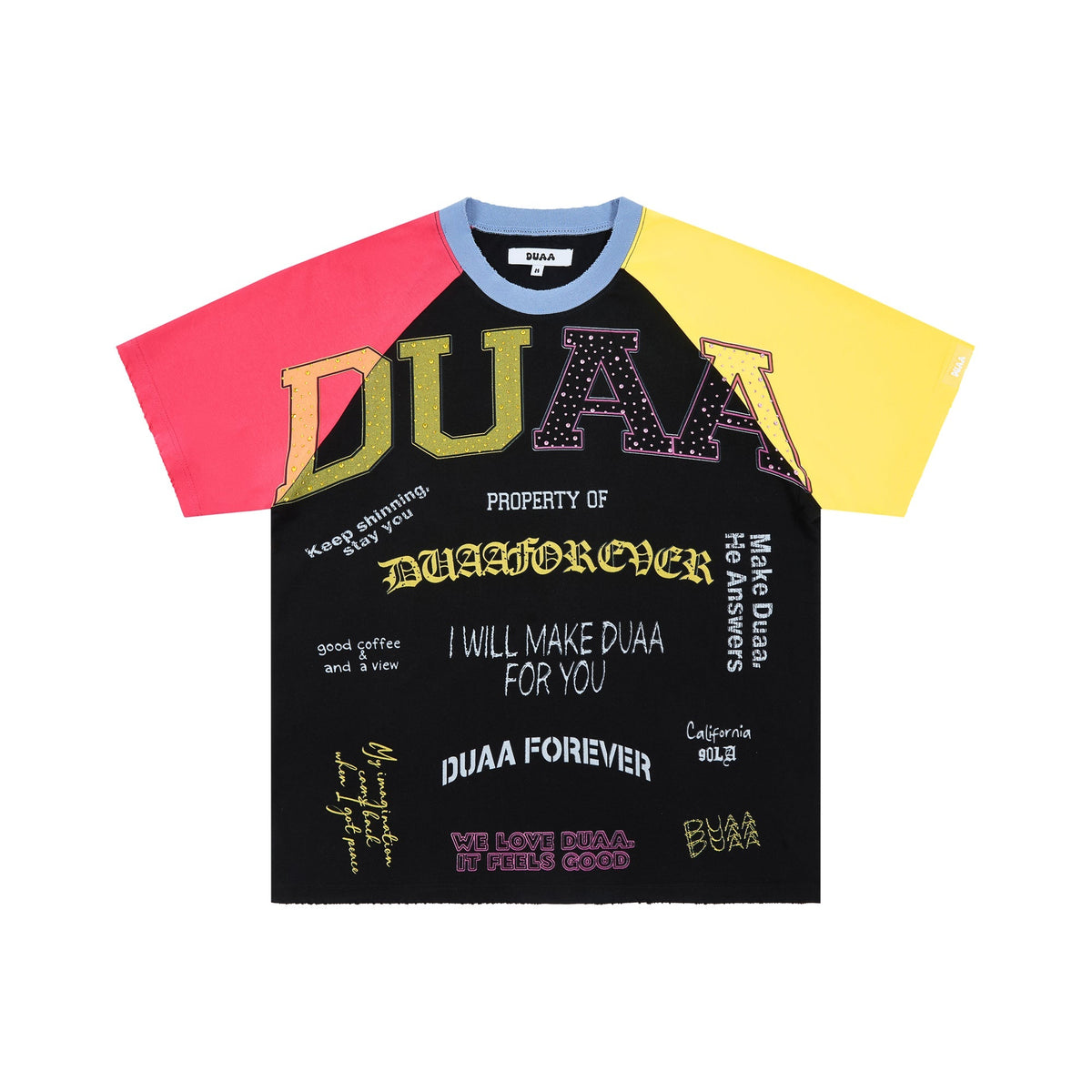 DUAA Multi‑Color Raglan Slogan Collage Vintage Tee