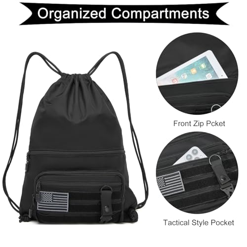 Drawstring Backpack with Zipper Pockets Black J942577