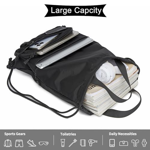 Drawstring Backpack with Zipper Pockets Black J942577