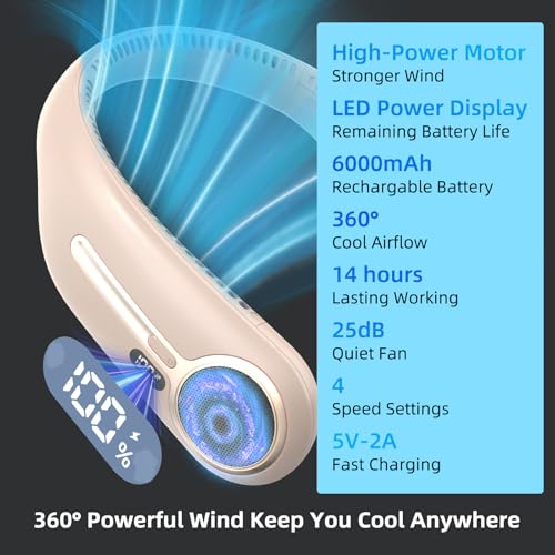 Portable Hands Free Bladeless Neck Fan 6000mAh USB Rechargeable Black U911