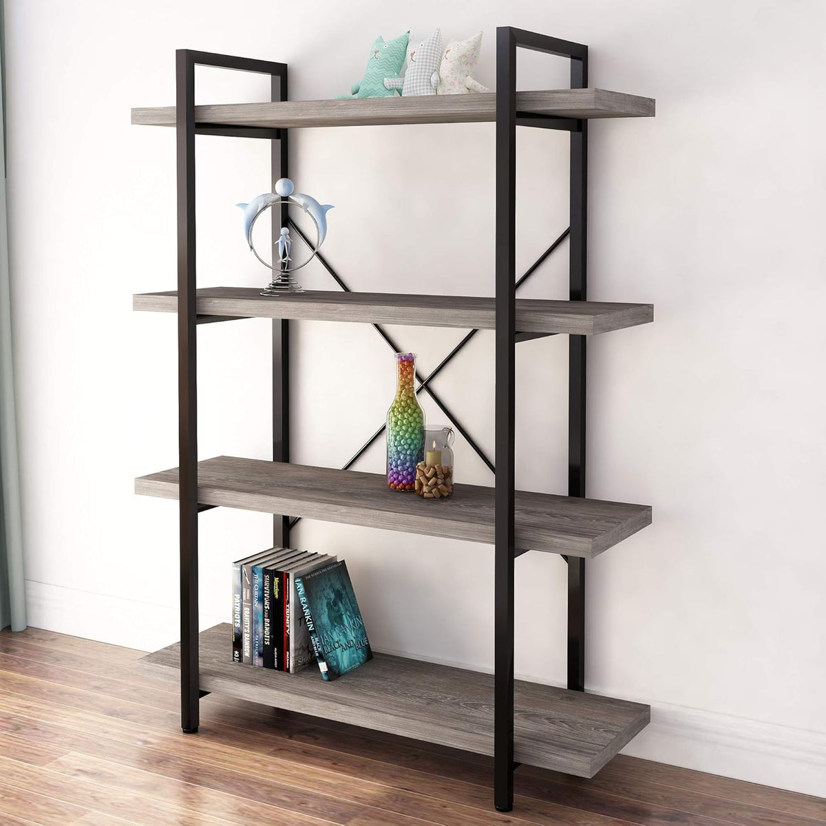 Gray Oak 4-Tier Metal and Wood Bookshelf P7261