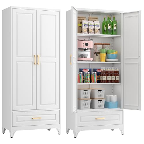 White 4 Adjustable Shelves Metal Pantry Cabinet N8375