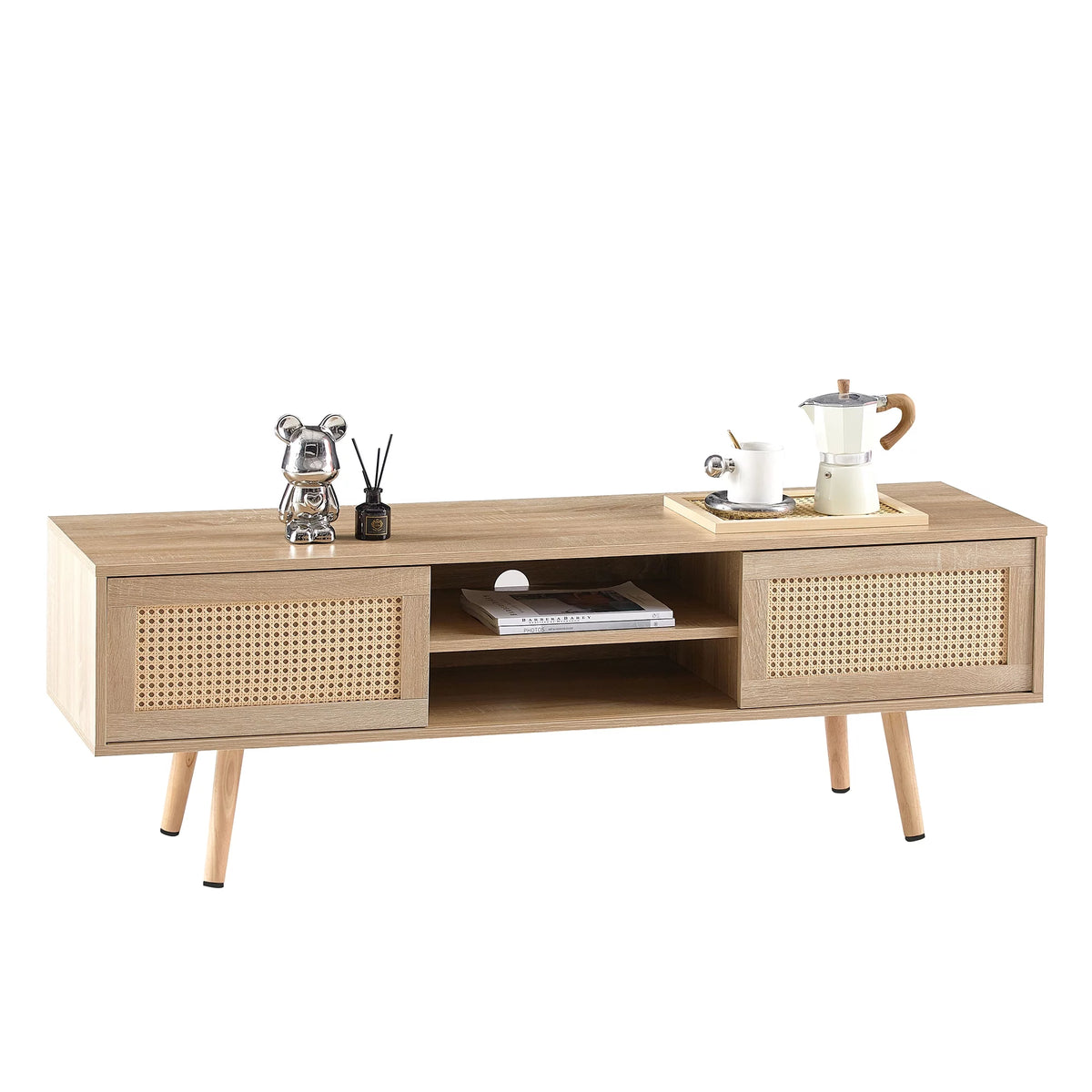 55.12" Rattan TV Cabinet with Sliding Doors and Adjustable Shelf Q833